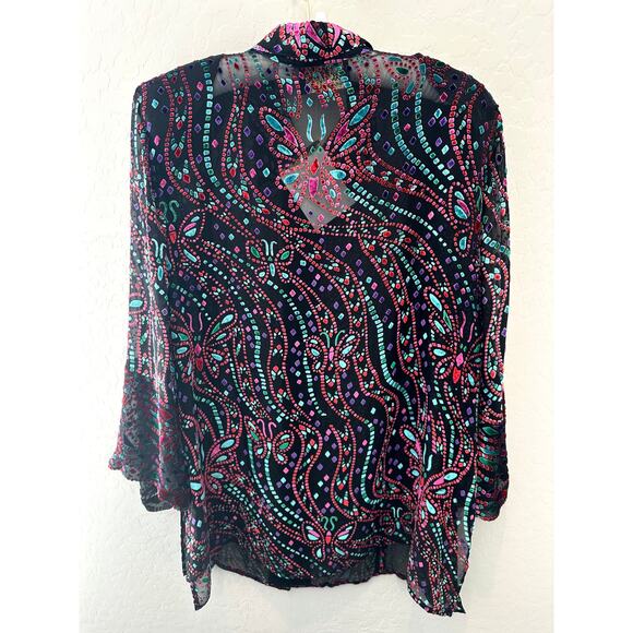 BOB MACKIE | Burnout Velvet Blouse Abstract Colorful Sheer Silk Blend NWT | XL - Picture 4 of 7